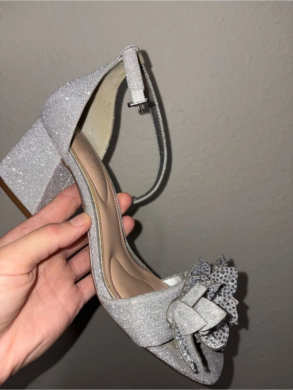 Kelly & Katie Silver Glitter Floral Ankle-Strap Heels